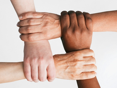four grasping hands